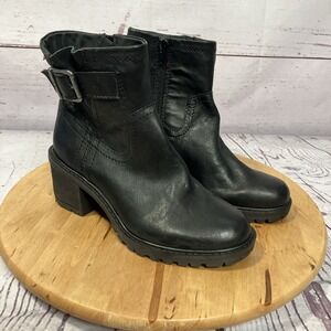 Zodiac Black Leather Moto Ankle Boots Womens Size 6 Buckle Lug Sole Booties